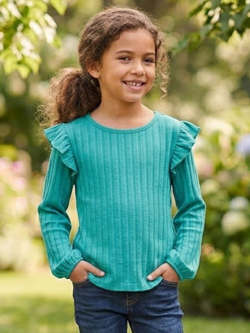 NEW Evsie Long Sleeve Ribbed Ruffled Shoulder Peplum Top Shirt Blouse Solid XS